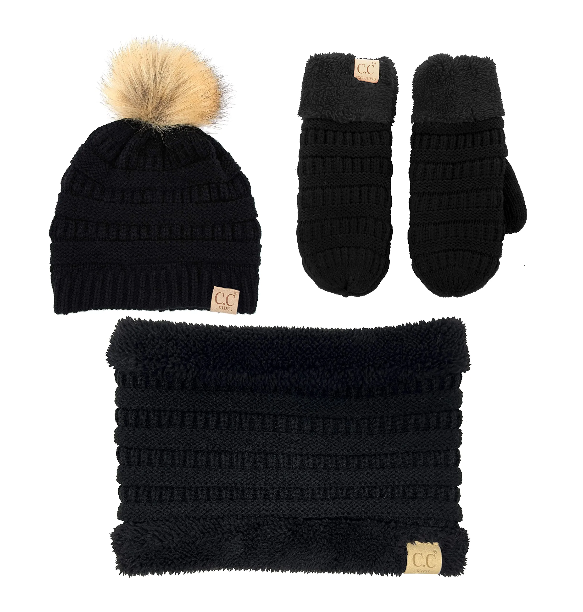 Kids Matching Pom Beanie, Neck Warmer & Mittens Set by Funky Junque
