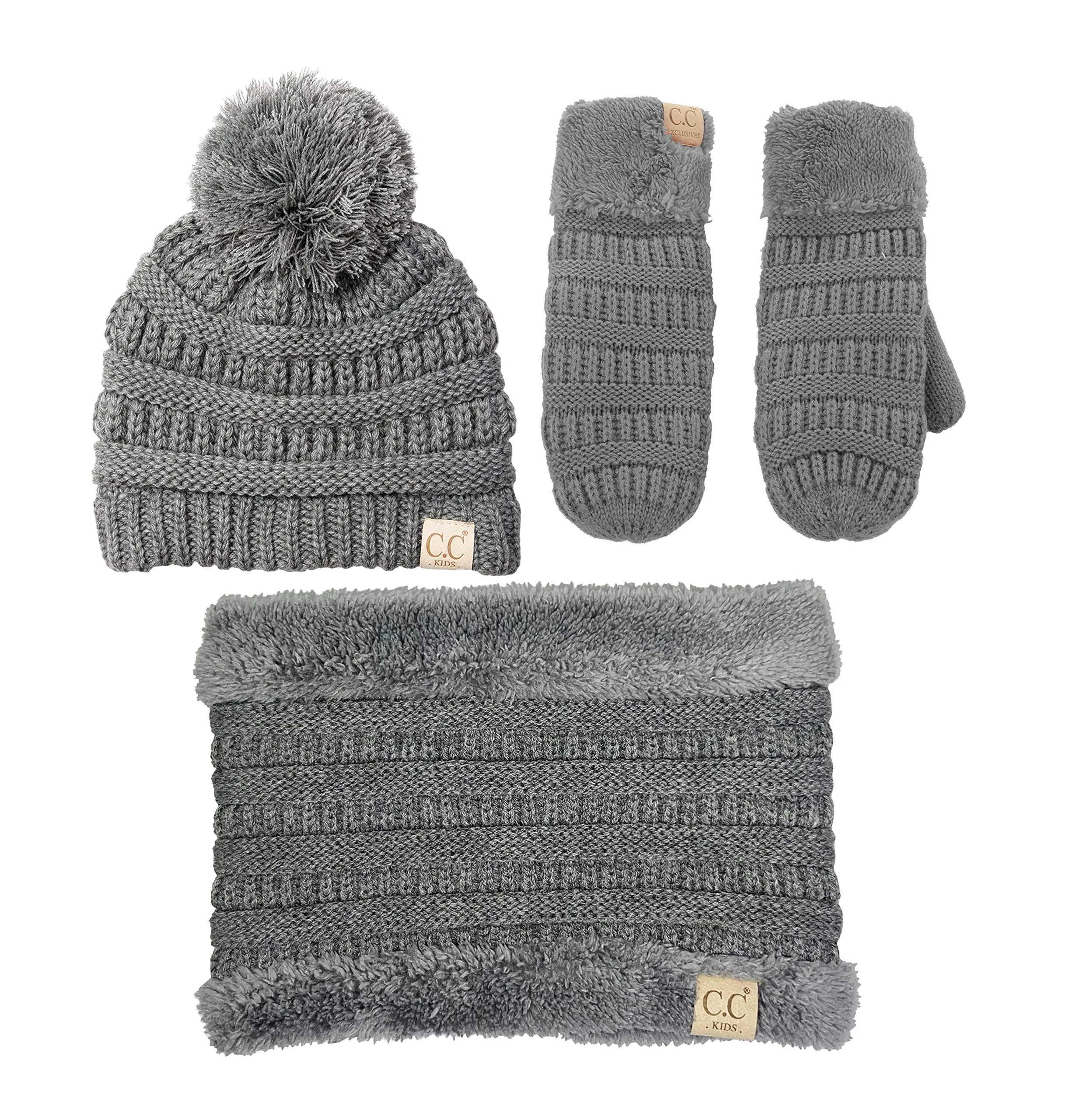 Kids Matching Pom Beanie, Neck Warmer & Mittens Set by Funky Junque