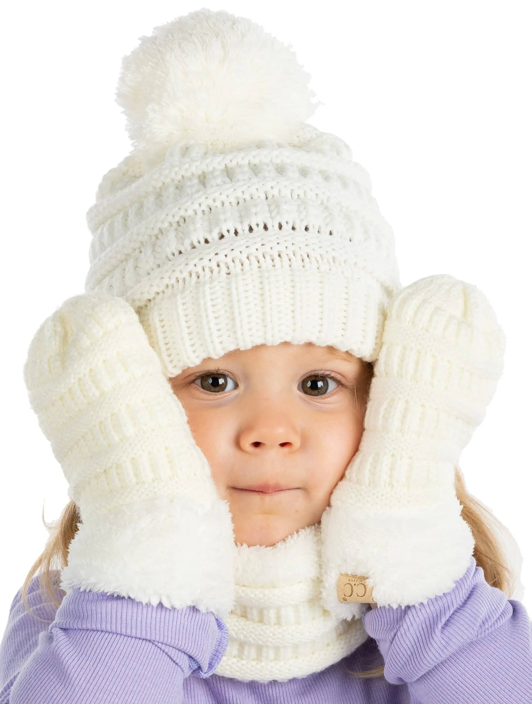 Kids Matching Pom Beanie, Neck Warmer & Mittens Set by Funky Junque