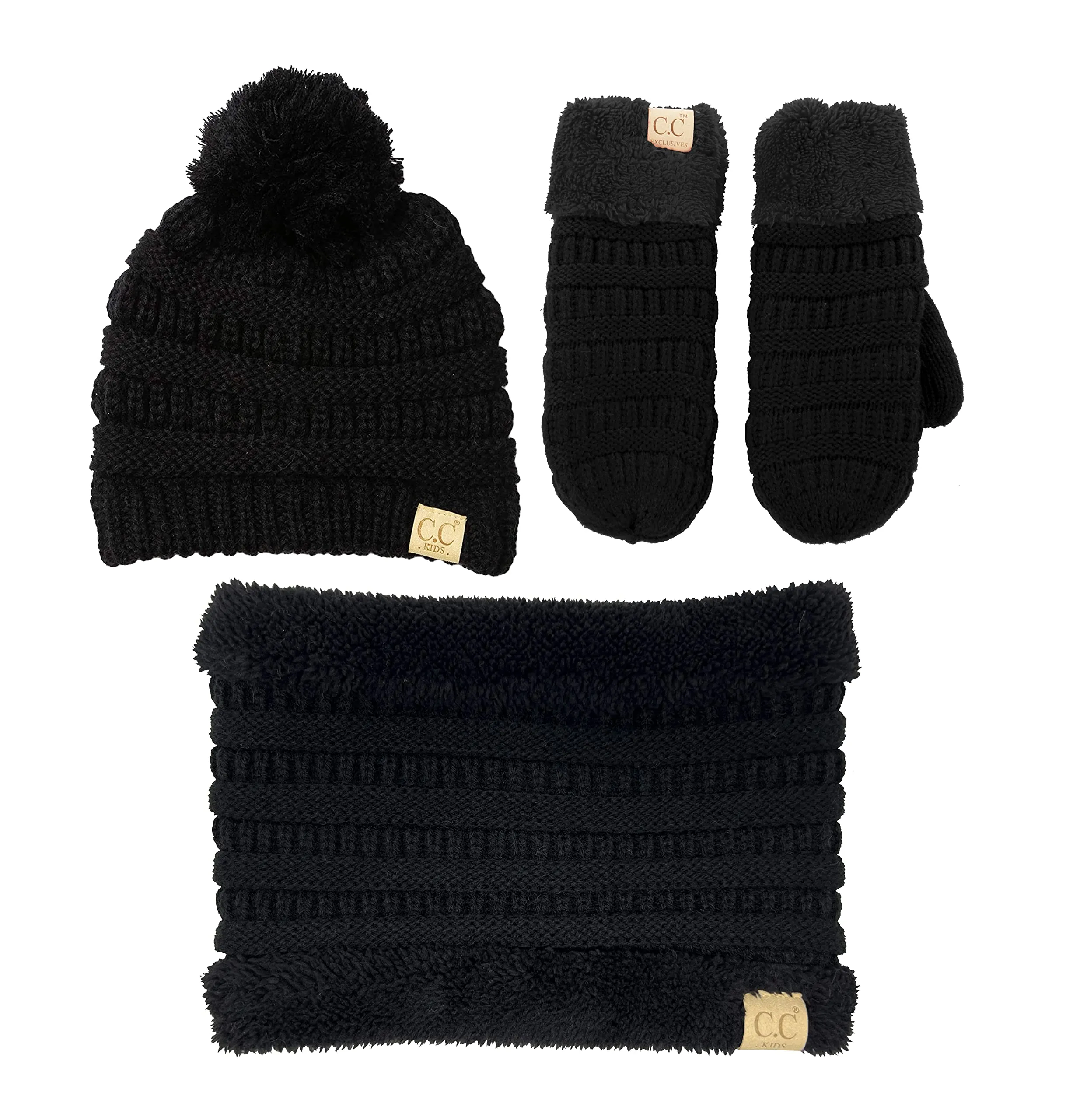 Kids Matching Pom Beanie, Neck Warmer & Mittens Set by Funky Junque