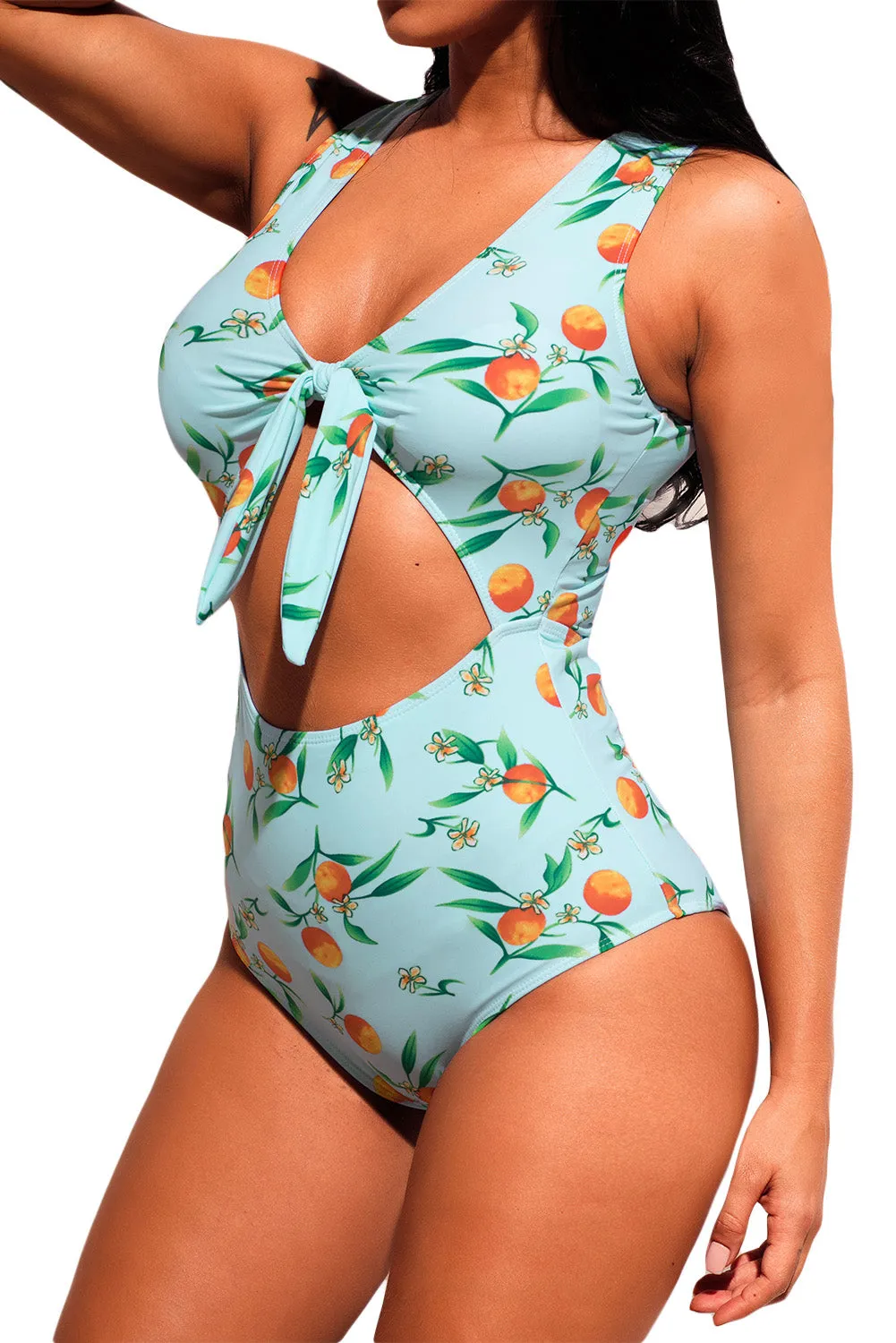 Lemon Print Tie Front Cut Out One-piece Swimsuit