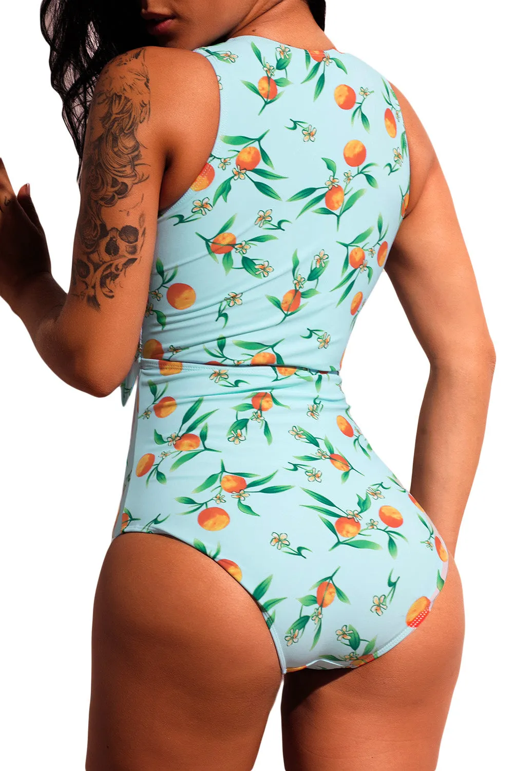 Lemon Print Tie Front Cut Out One-piece Swimsuit