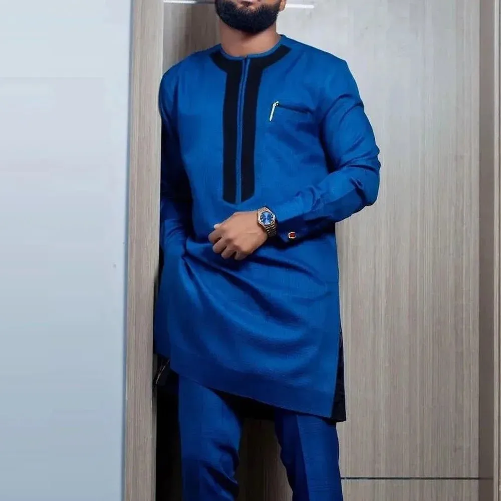 Men’s African Kaftan 2PC Suit – Solid Color Casual & Business Wear