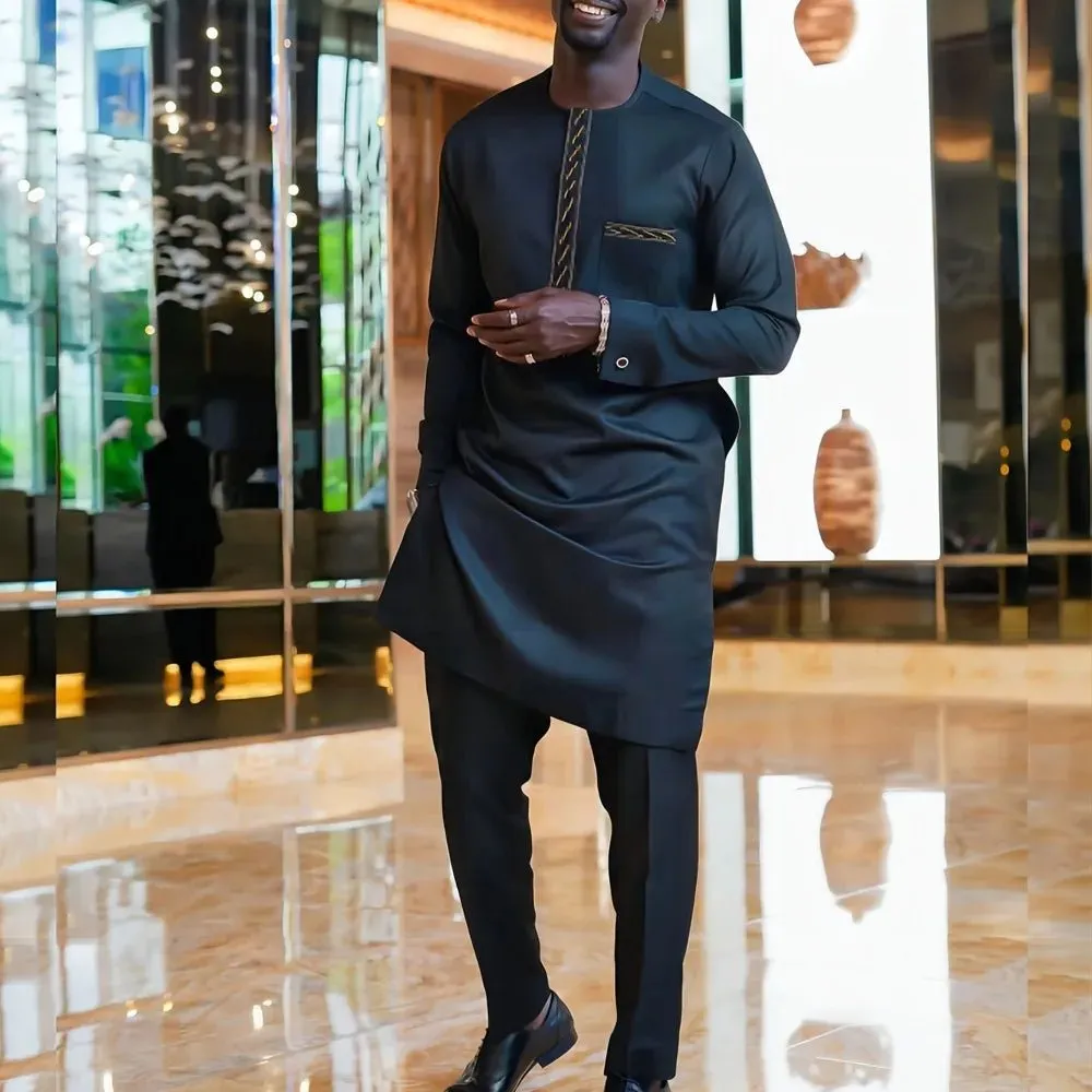 Men’s African Kaftan 2PC Suit – Solid Color Casual & Business Wear