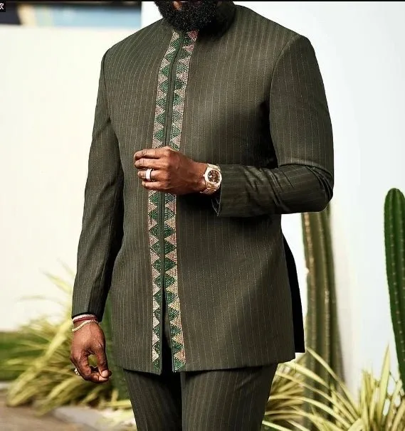 Men’s African Kaftan 2PC Suit – Solid Color Casual & Business Wear