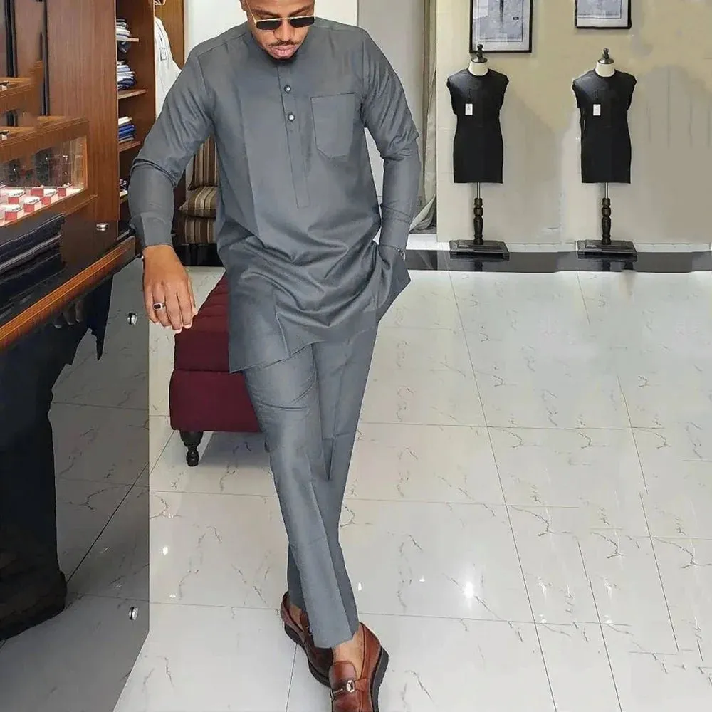 Men’s African Kaftan 2PC Suit – Solid Color Casual & Business Wear