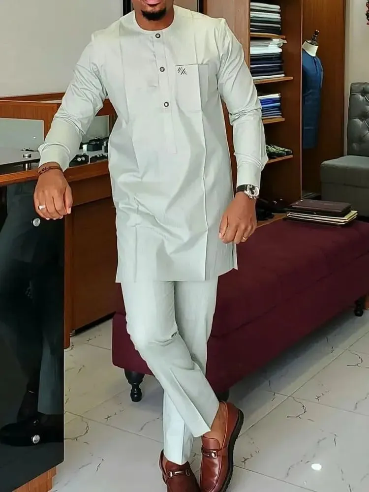 Men’s African Kaftan 2PC Suit – Solid Color Casual & Business Wear