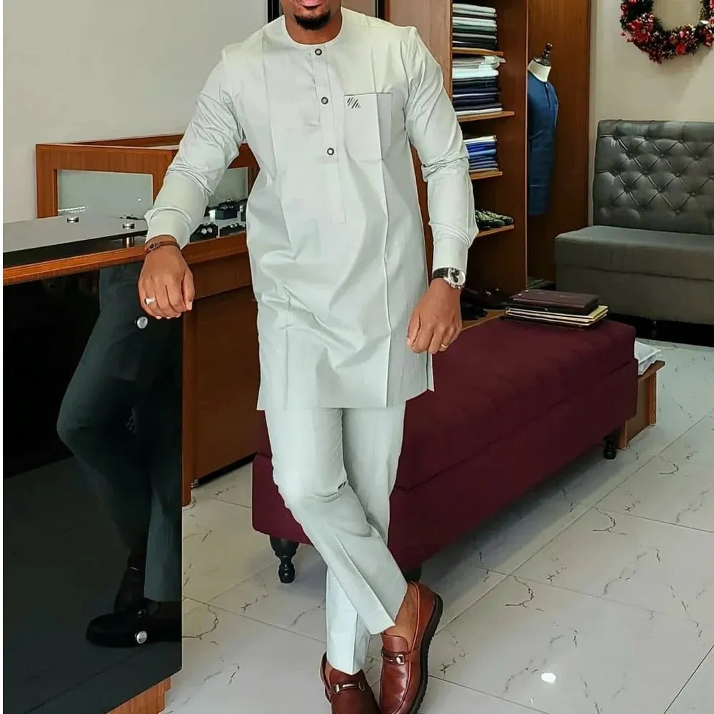 Men’s African Kaftan 2PC Suit – Solid Color Casual & Business Wear