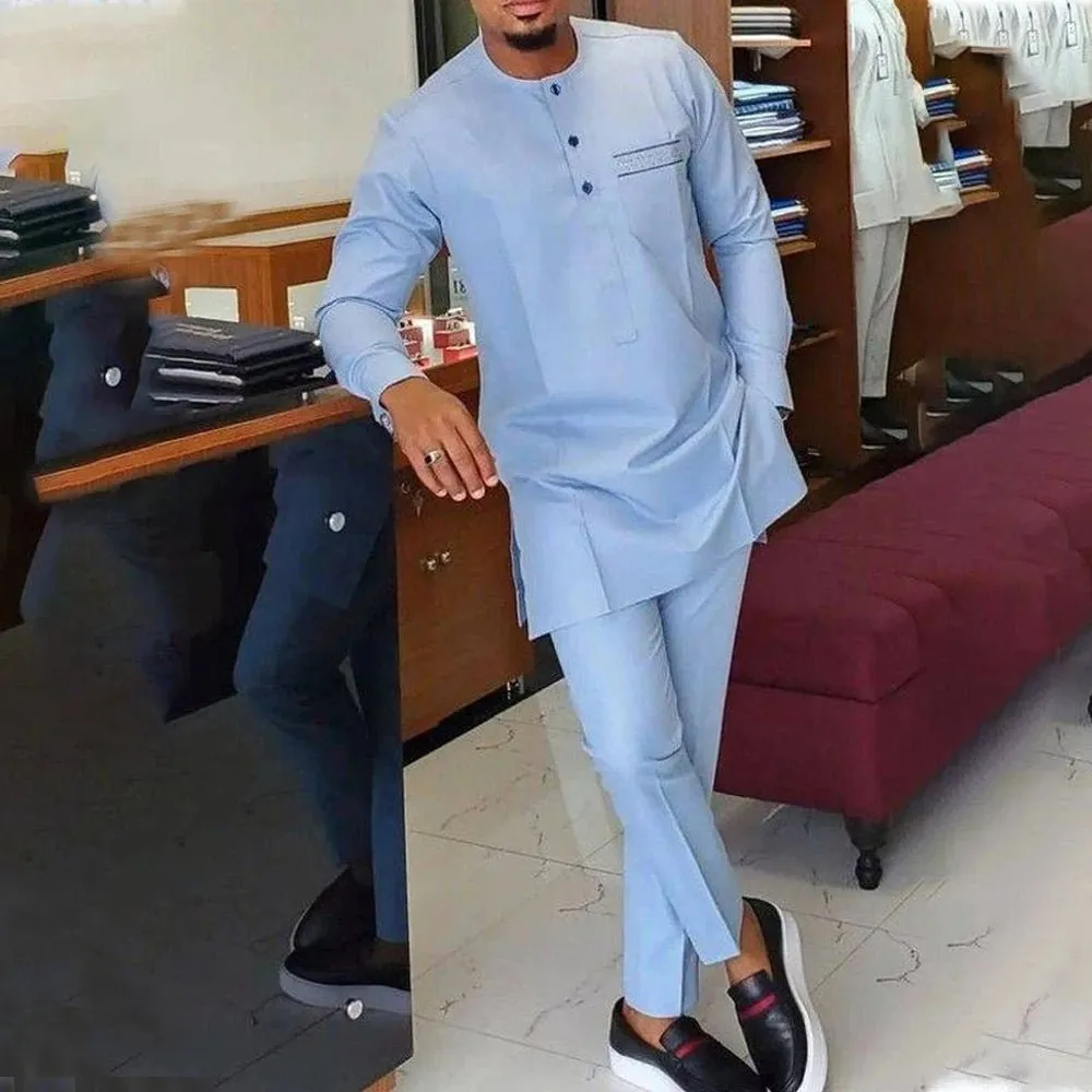 Men’s African Kaftan 2PC Suit – Solid Color Casual & Business Wear