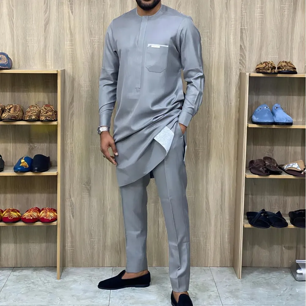Men’s African Kaftan 2PC Suit – Solid Color Casual & Business Wear