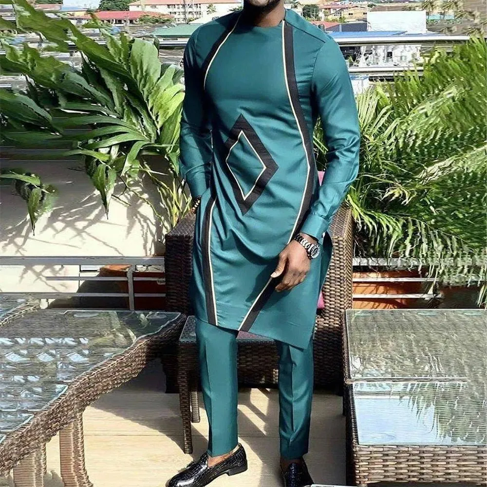 Men’s African Kaftan 2PC Suit – Solid Color Casual & Business Wear