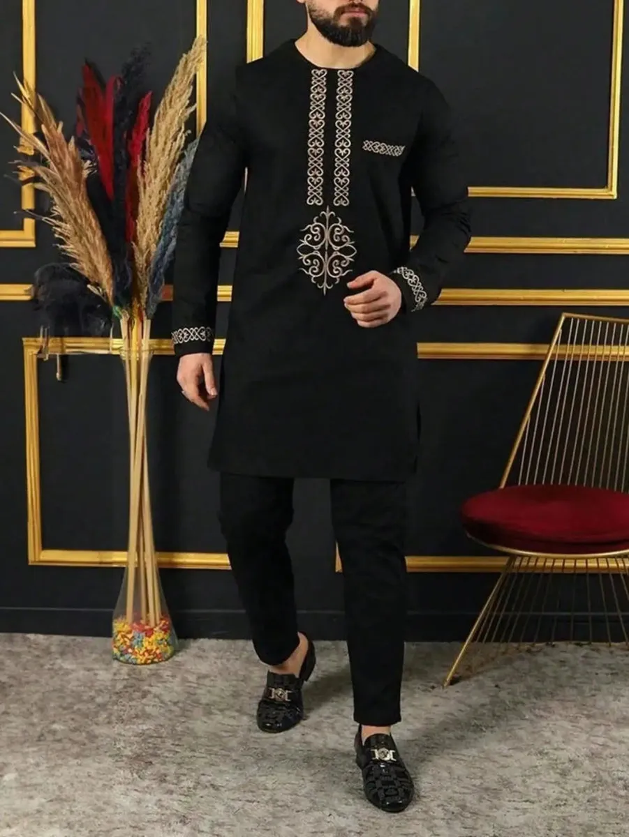 Men’s African Kaftan 2PC Suit – Solid Color Casual & Business Wear