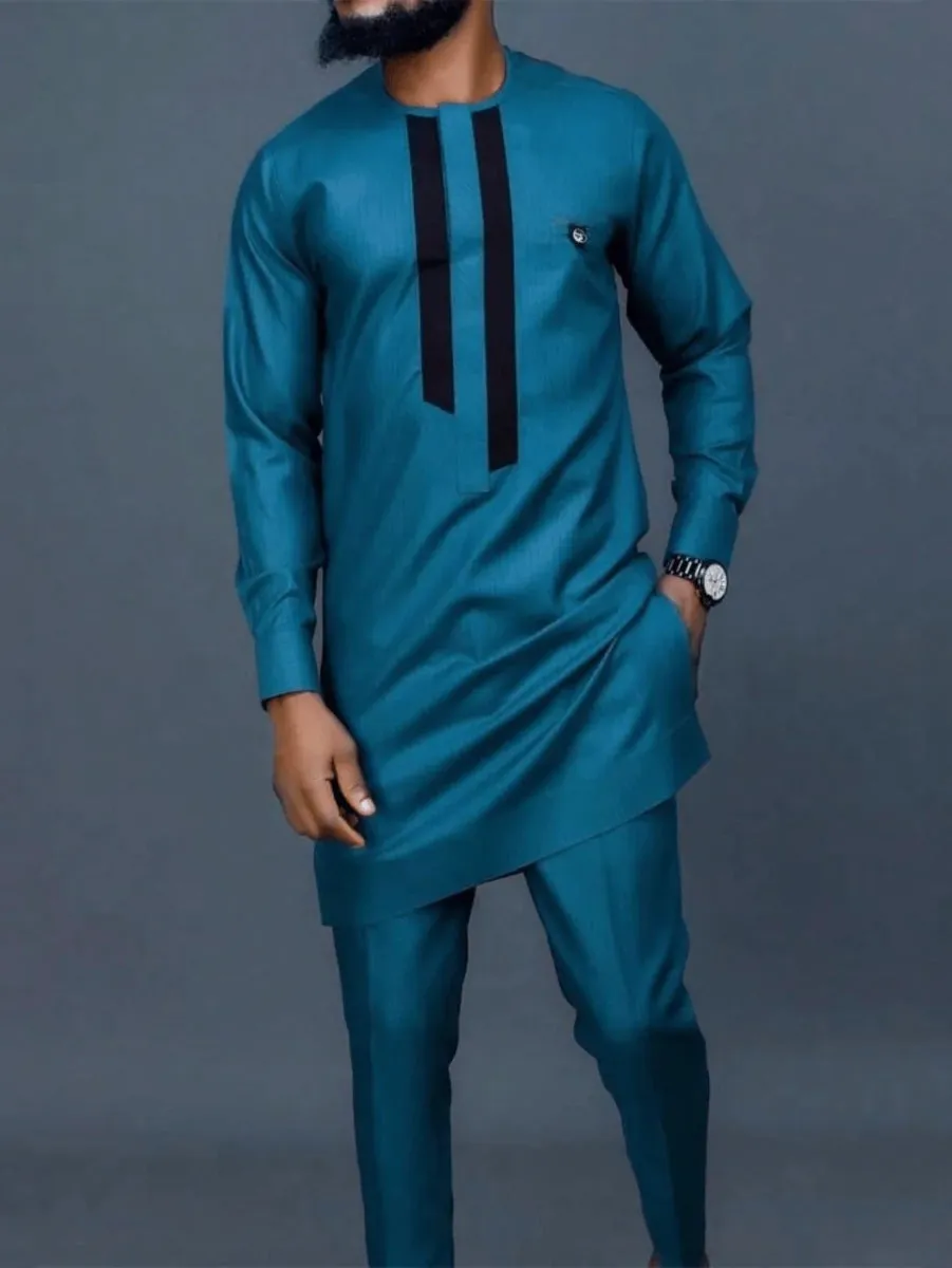 Men’s African Kaftan 2PC Suit – Solid Color Casual & Business Wear