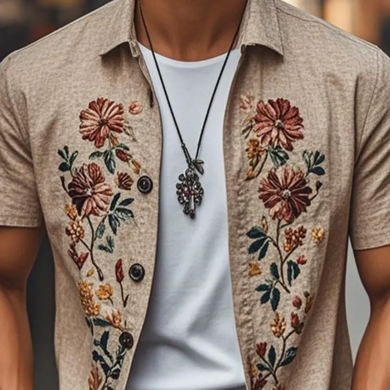 Men's Casual Linen Embroidered Lapel Single Breasted Short Sleeve Shirt MTA2771C3M
