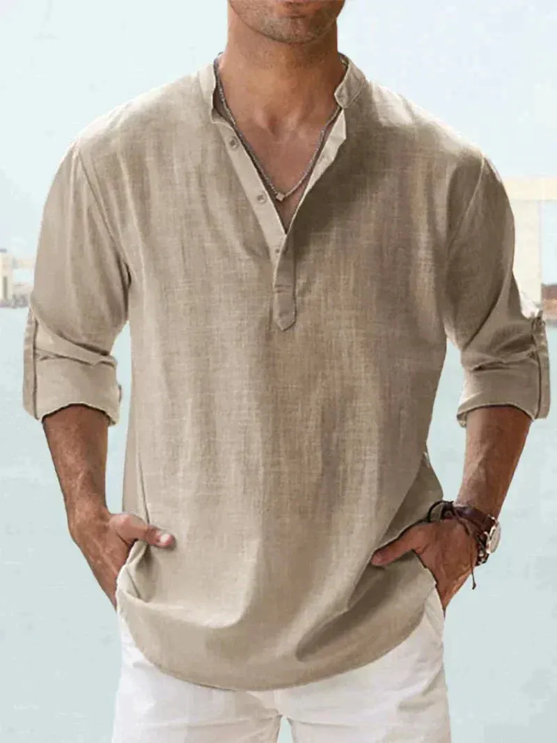 Men’s Linen Shirt – Long Sleeve – Relaxed Fit – Grandad Collar – Summer Essential