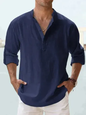 Men’s Linen Shirt – Long Sleeve – Relaxed Fit – Grandad Collar – Summer Essential