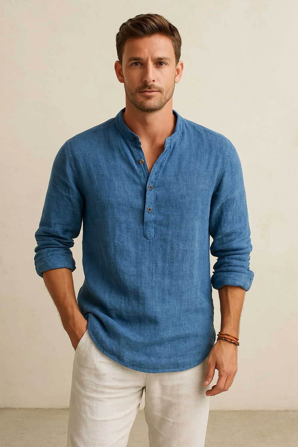 Men’s Linen Shirt – Long Sleeve – Relaxed Fit – Grandad Collar – Summer Essential