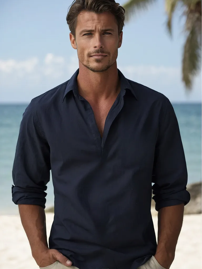Men’s Linen Shirt – Long Sleeve – Relaxed Fit – Grandad Collar – Summer Essential