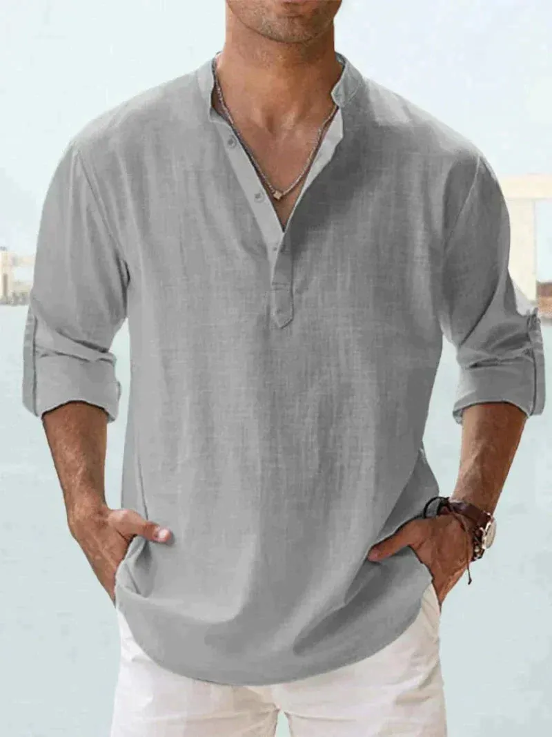 Men’s Linen Shirt – Long Sleeve – Relaxed Fit – Grandad Collar – Summer Essential