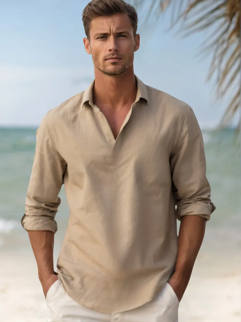 Men’s Linen Shirt – Long Sleeve – Relaxed Fit – Grandad Collar – Summer Essential