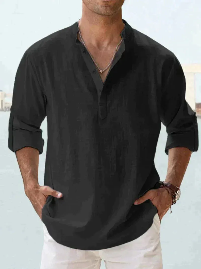 Men’s Linen Shirt – Long Sleeve – Relaxed Fit – Grandad Collar – Summer Essential