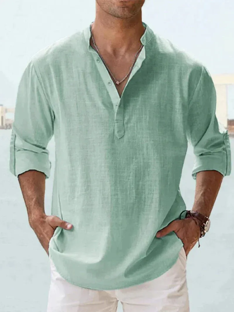 Men’s Linen Shirt – Long Sleeve – Relaxed Fit – Grandad Collar – Summer Essential