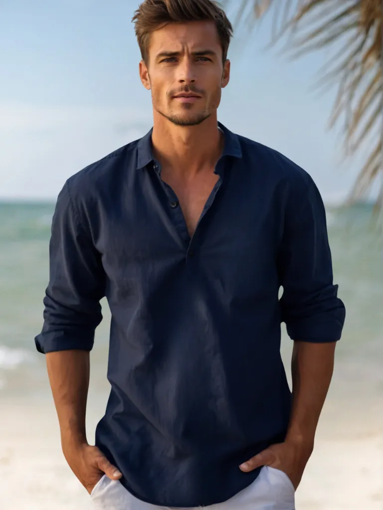 Men’s Linen Shirt – Long Sleeve – Relaxed Fit – Grandad Collar – Summer Essential