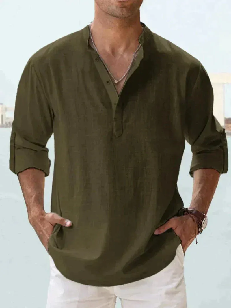 Men’s Linen Shirt – Long Sleeve – Relaxed Fit – Grandad Collar – Summer Essential