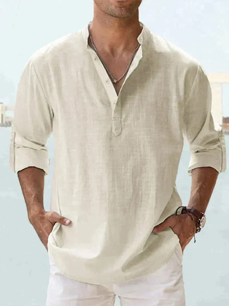 Men’s Linen Shirt – Long Sleeve – Relaxed Fit – Grandad Collar – Summer Essential