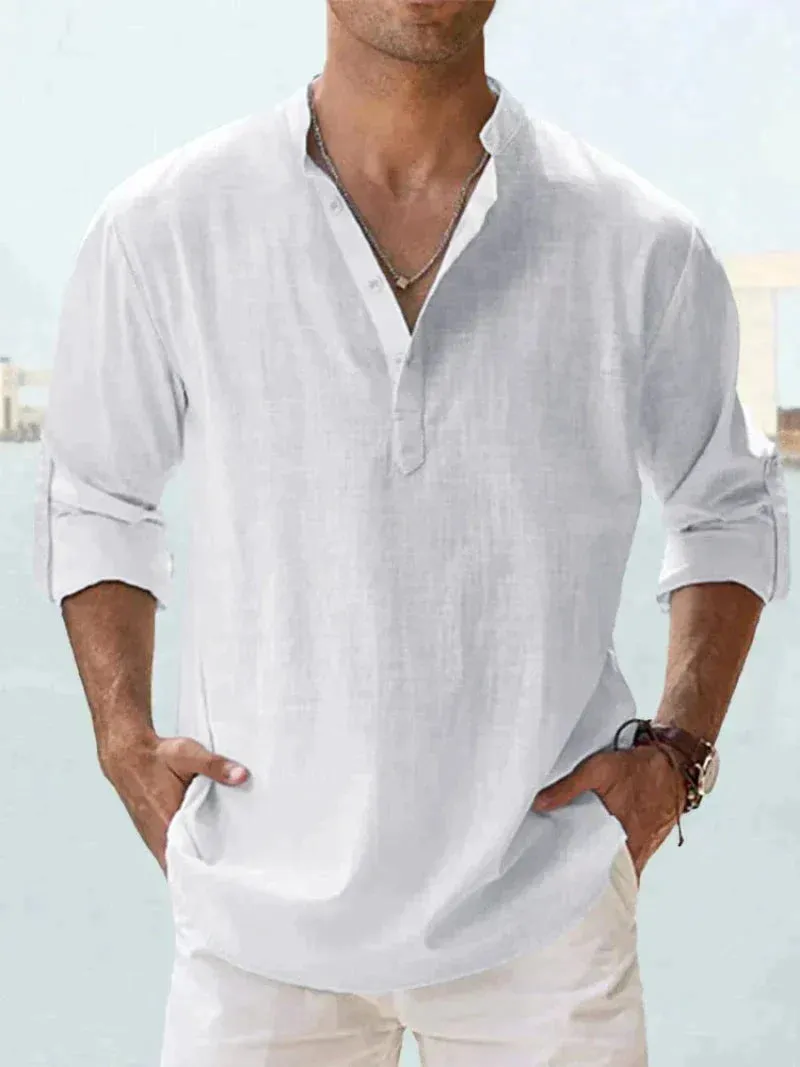 Men’s Linen Shirt – Long Sleeve – Relaxed Fit – Grandad Collar – Summer Essential