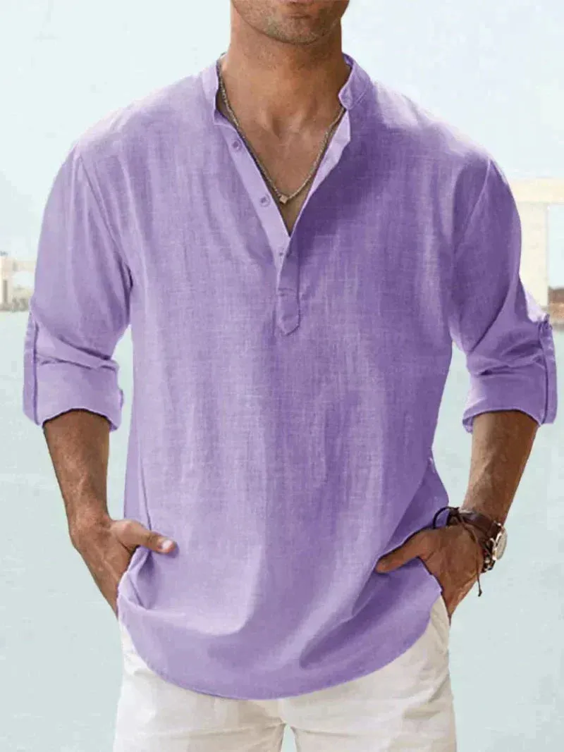 Men’s Linen Shirt – Long Sleeve – Relaxed Fit – Grandad Collar – Summer Essential