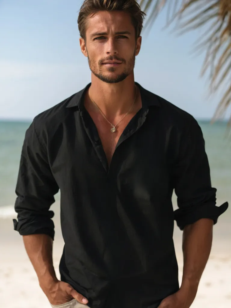 Men’s Linen Shirt – Long Sleeve – Relaxed Fit – Grandad Collar – Summer Essential