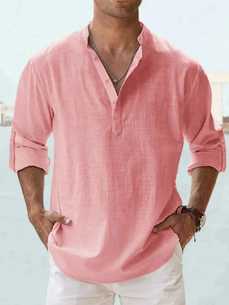 Men’s Linen Shirt – Long Sleeve – Relaxed Fit – Grandad Collar – Summer Essential