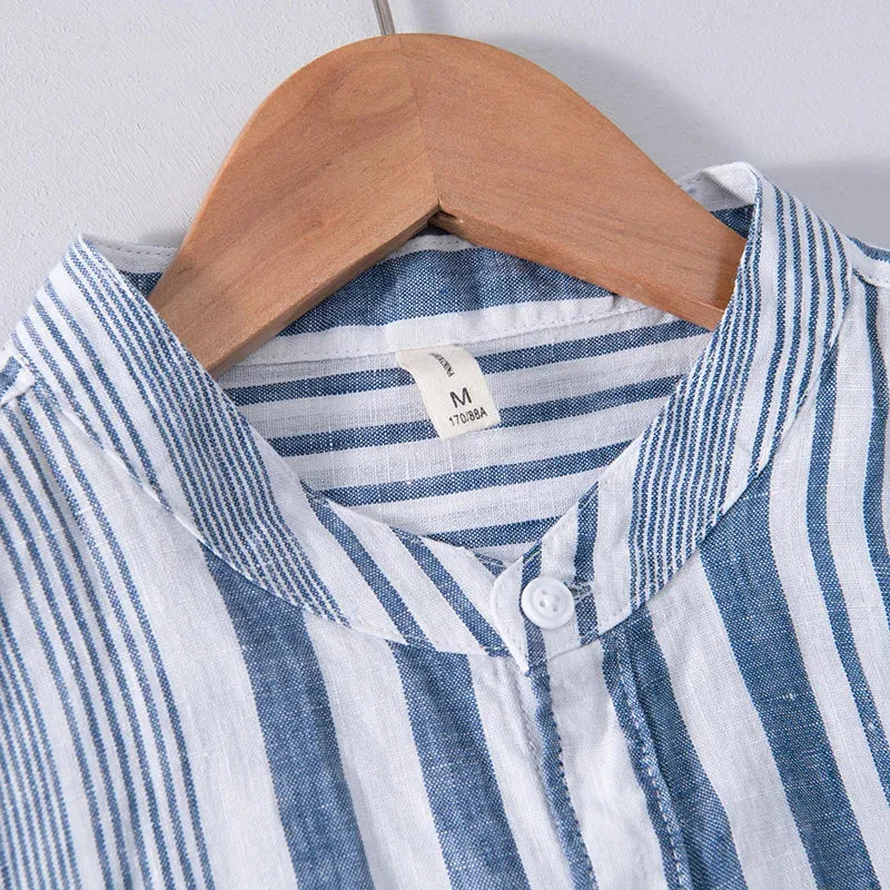 Men’s Striped Band Collar Shirt – Lightweight Linen Blend – Short Sleeve – Casual Summer Look