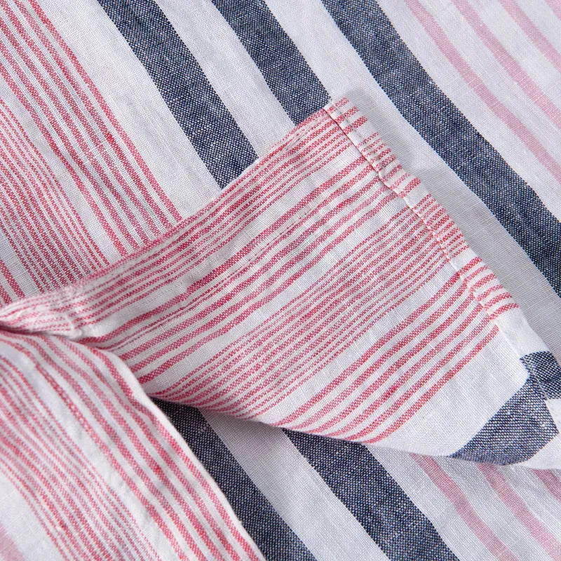 Men’s Striped Band Collar Shirt – Lightweight Linen Blend – Short Sleeve – Casual Summer Look