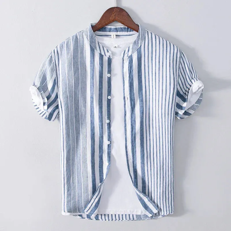 Men’s Striped Band Collar Shirt – Lightweight Linen Blend – Short Sleeve – Casual Summer Look