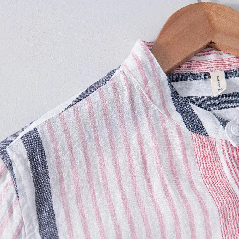 Men’s Striped Band Collar Shirt – Lightweight Linen Blend – Short Sleeve – Casual Summer Look