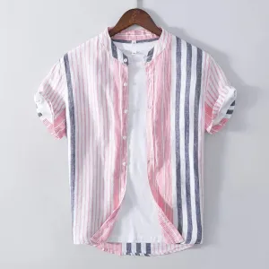 Men’s Striped Band Collar Shirt – Lightweight Linen Blend – Short Sleeve – Casual Summer Look
