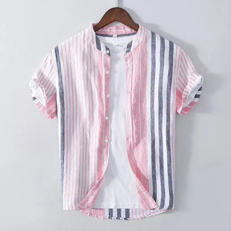 Men’s Striped Band Collar Shirt – Lightweight Linen Blend – Short Sleeve – Casual Summer Look