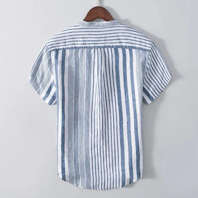 Men’s Striped Band Collar Shirt – Lightweight Linen Blend – Short Sleeve – Casual Summer Look