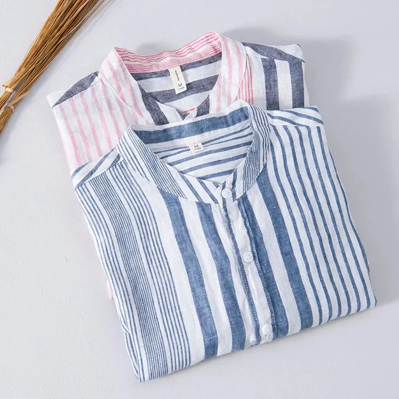 Men’s Striped Band Collar Shirt – Lightweight Linen Blend – Short Sleeve – Casual Summer Look