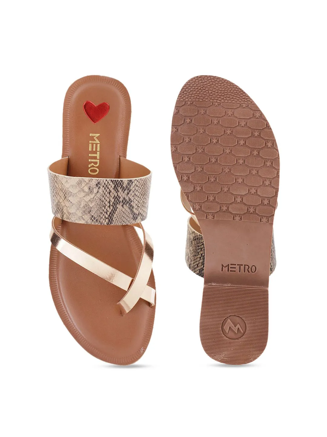 Metro Women Gold-Toned Snake Skin Printed One Toe Flats