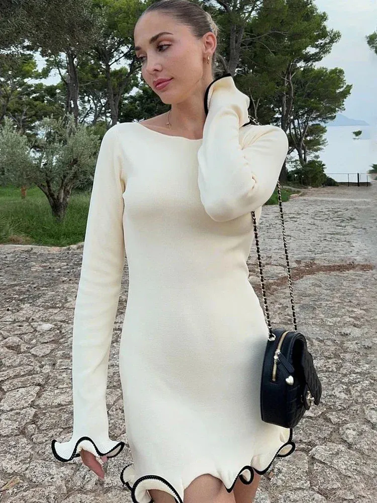 New Fashion Knit Mini Dress Ruffled High Waist Elegant Slim Party Patchwork Knitwear Sweater  Dress
