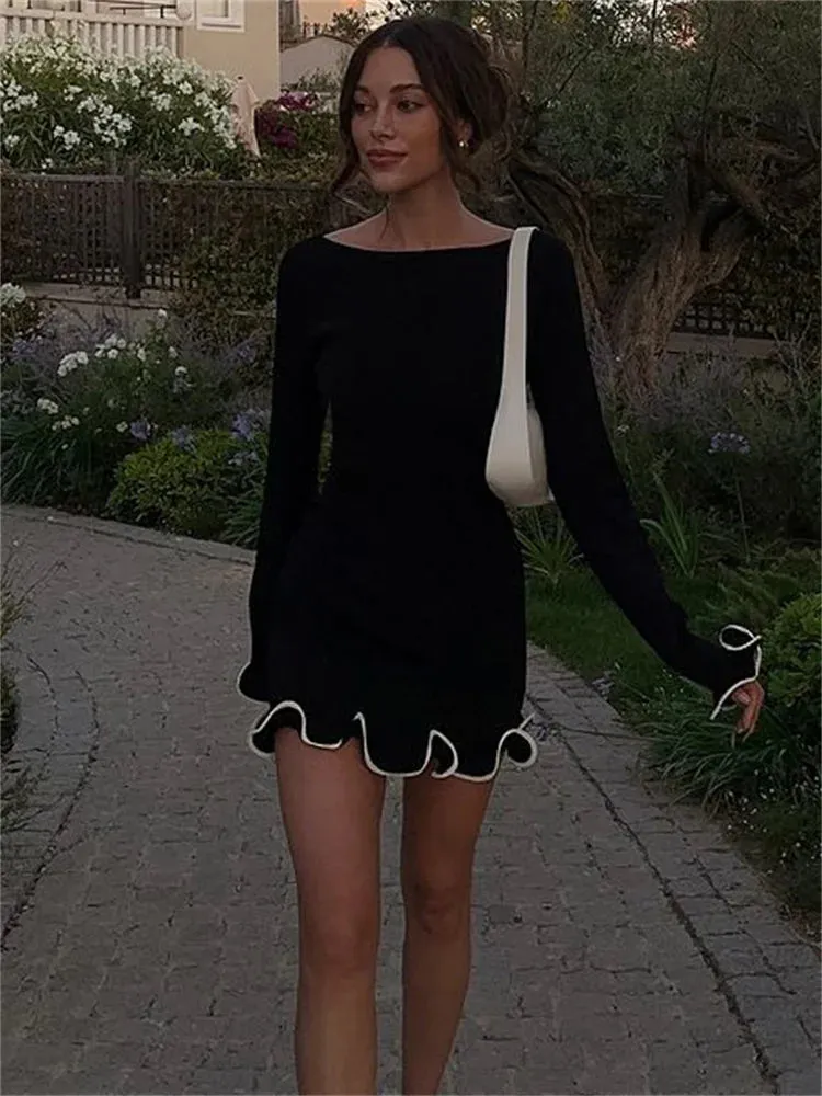 New Fashion Knit Mini Dress Ruffled High Waist Elegant Slim Party Patchwork Knitwear Sweater  Dress