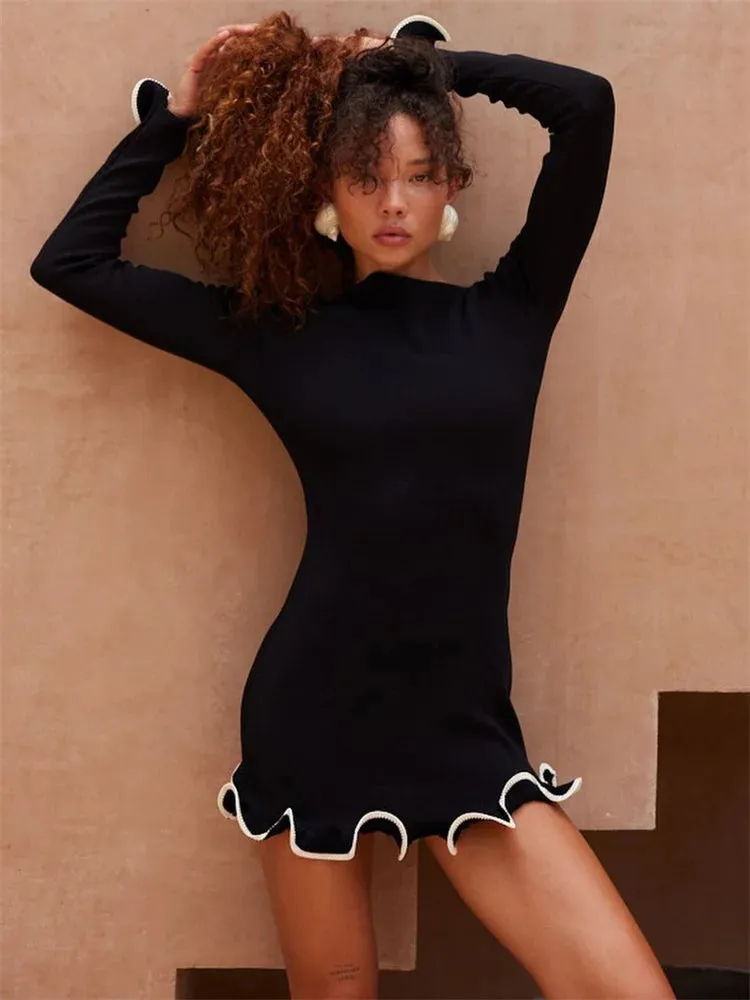 New Fashion Knit Mini Dress Ruffled High Waist Elegant Slim Party Patchwork Knitwear Sweater  Dress