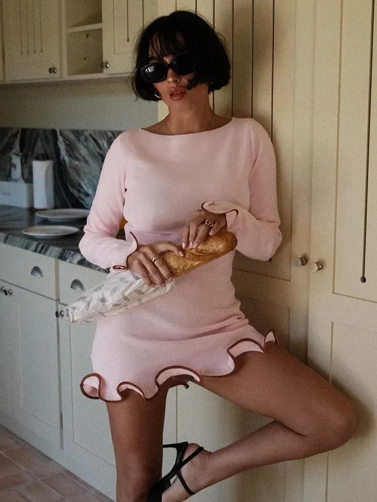 New Fashion Knit Mini Dress Ruffled High Waist Elegant Slim Party Patchwork Knitwear Sweater  Dress