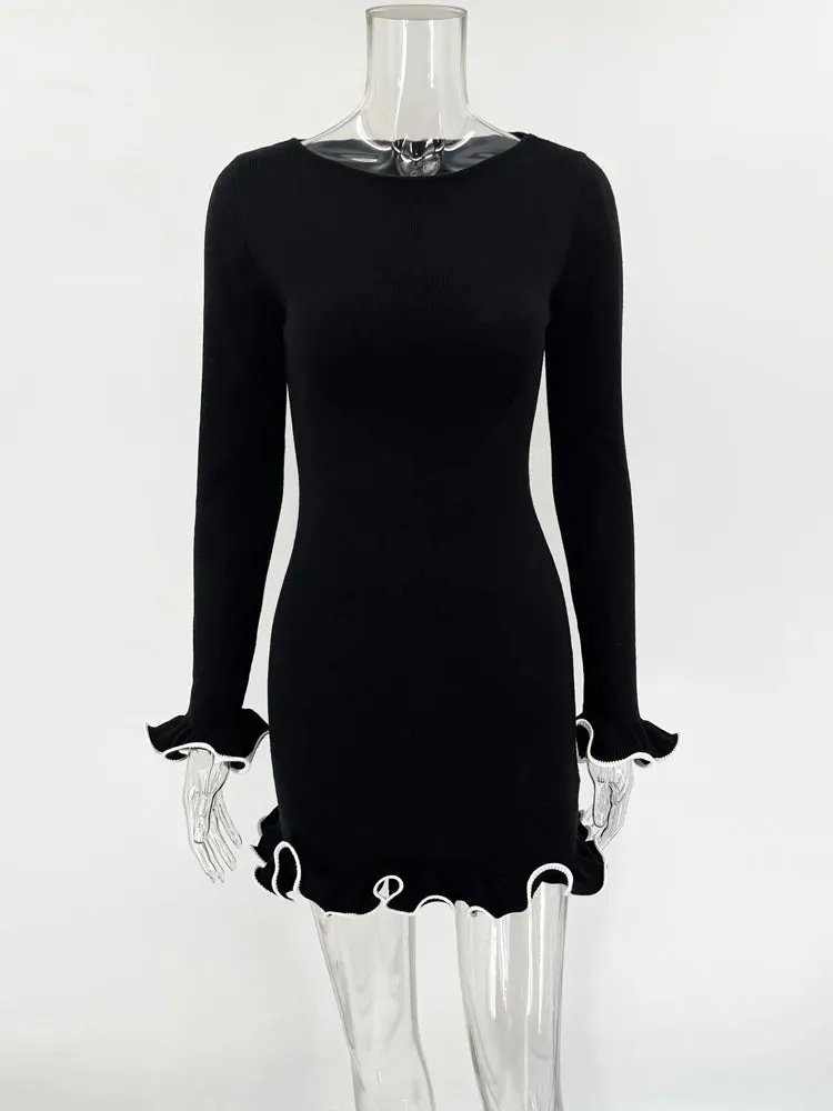 New Fashion Knit Mini Dress Ruffled High Waist Elegant Slim Party Patchwork Knitwear Sweater  Dress