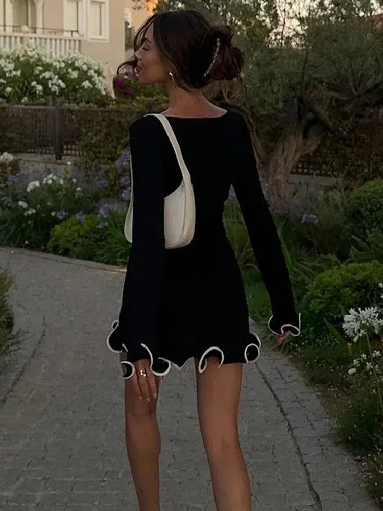 New Fashion Knit Mini Dress Ruffled High Waist Elegant Slim Party Patchwork Knitwear Sweater  Dress