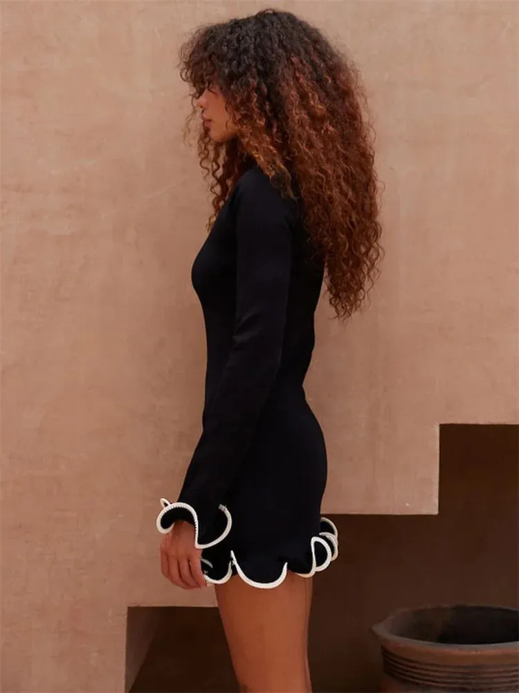 New Fashion Knit Mini Dress Ruffled High Waist Elegant Slim Party Patchwork Knitwear Sweater  Dress