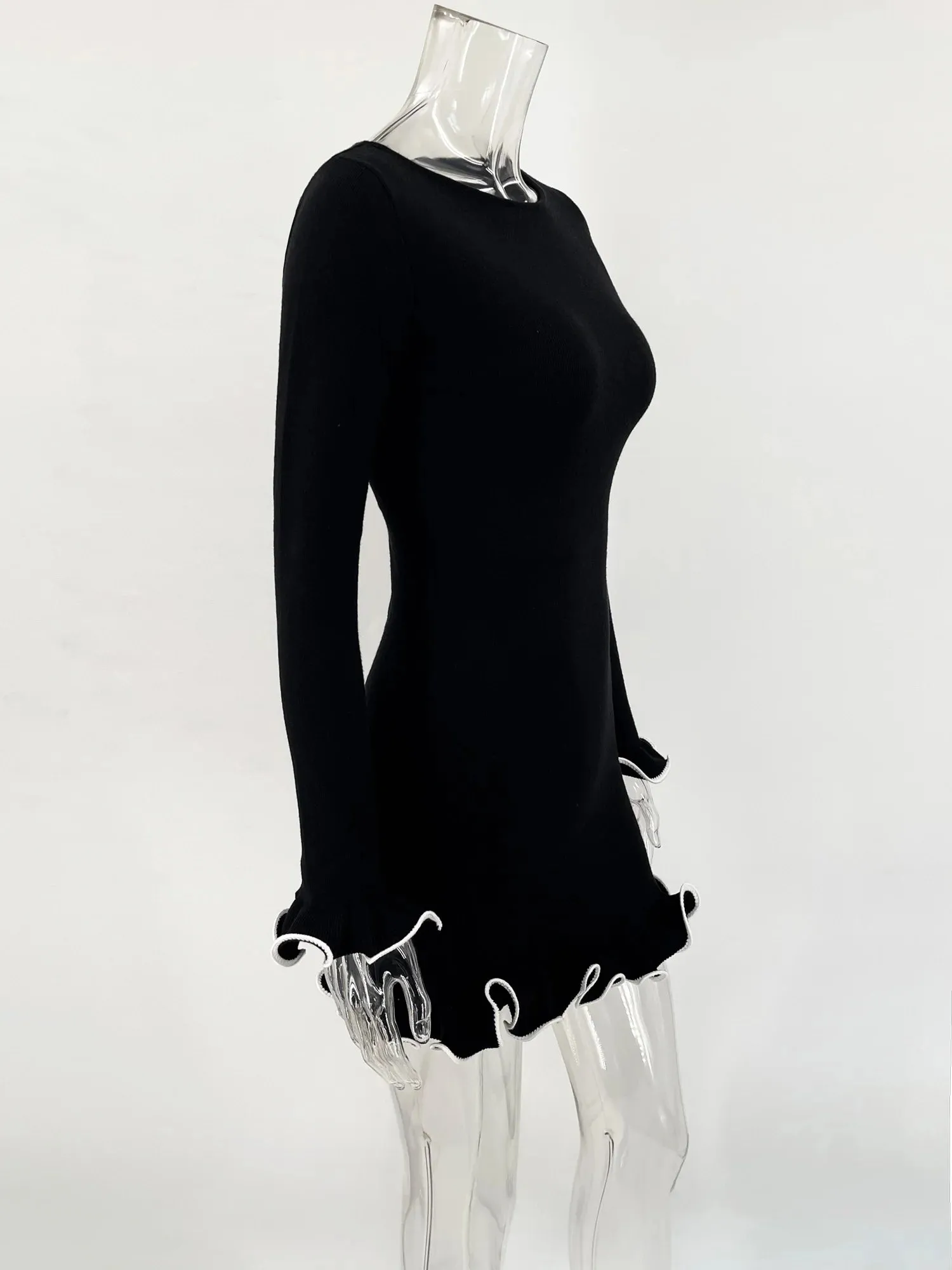 New Fashion Knit Mini Dress Ruffled High Waist Elegant Slim Party Patchwork Knitwear Sweater  Dress